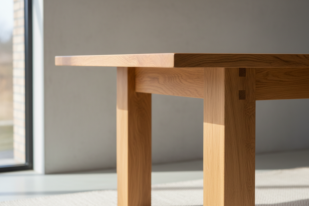Close-up detail of solid oak wood grain and table legs