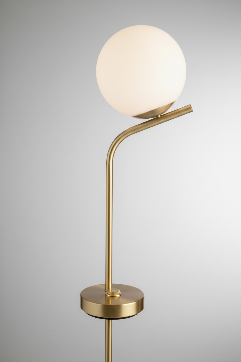 Close-up of brushed gold floor lamp base and switch detail
