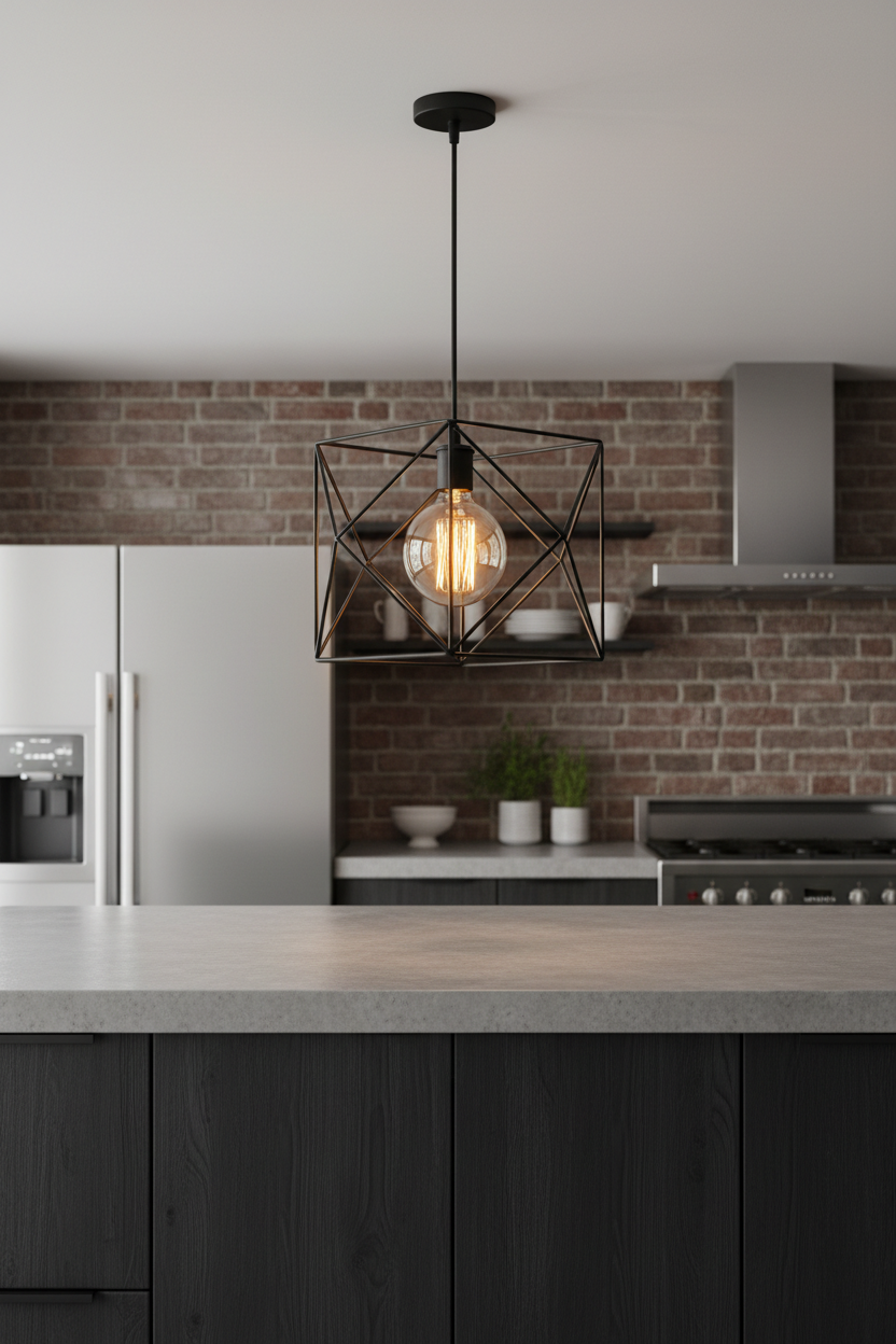 Black geometric pendant ceiling light hanging over kitchen island