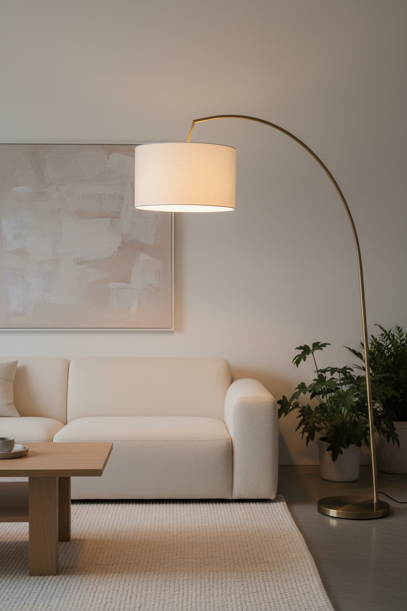 Modern arc floor lamp with brushed gold stand in contemporary living room