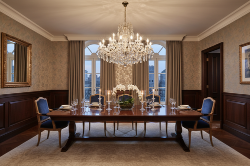 Crystal Luxe Chandelier illuminating a luxury dining room