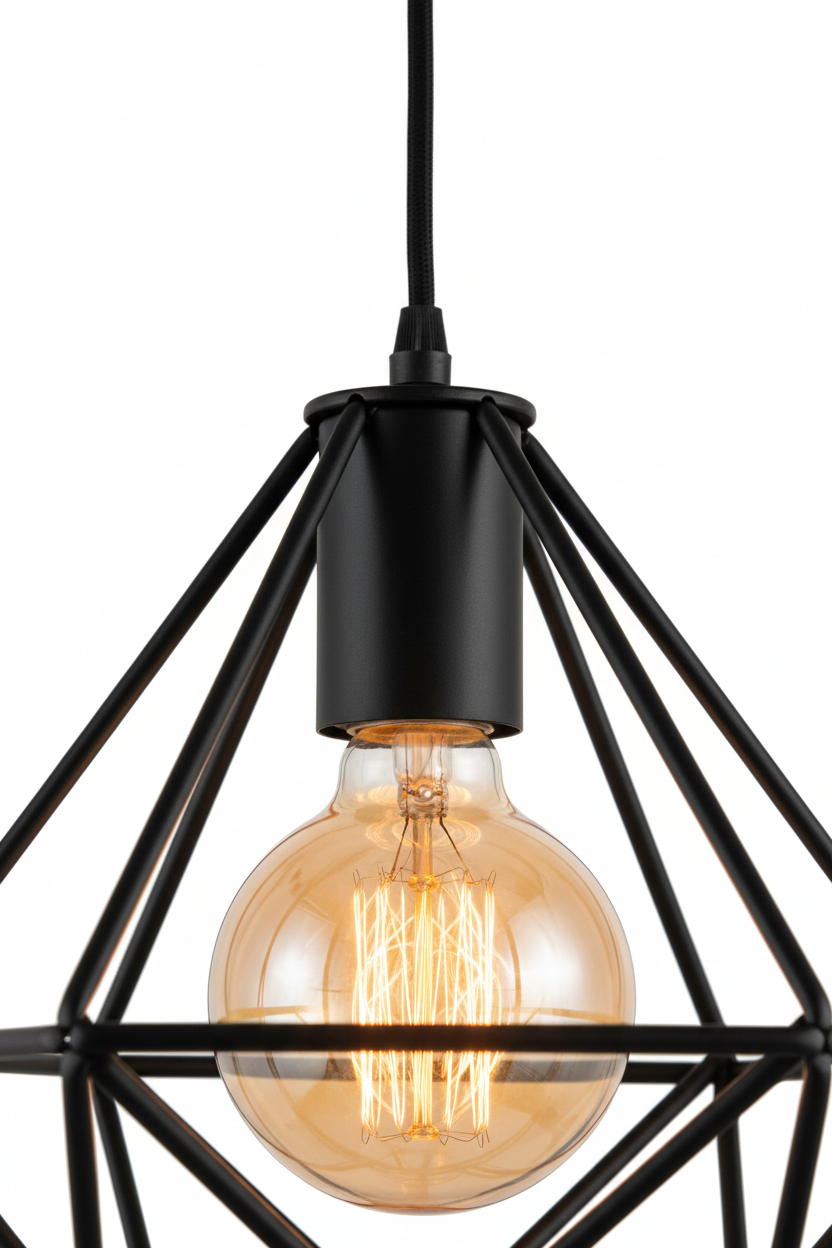 Close-up of matte black metal cage frame and Edison bulb detail